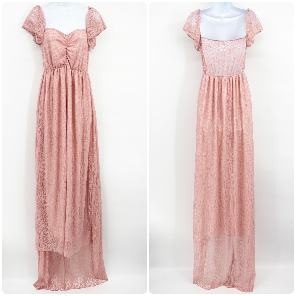 Womens Pink Floral Lace Maternity Baby Shower Gender Reveal Hi Low Maxi Dress XL